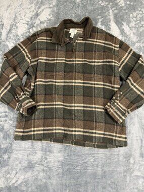 Field Gear Mens Plaid Quarter-Zip Pullover Shirt Wool Blend Brown/Green L